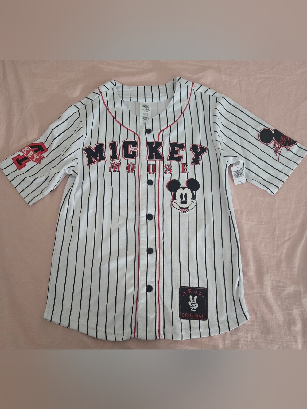 Disney White Pinstripe Mickey Mouse Baseball Jersey with Black & Red Accents